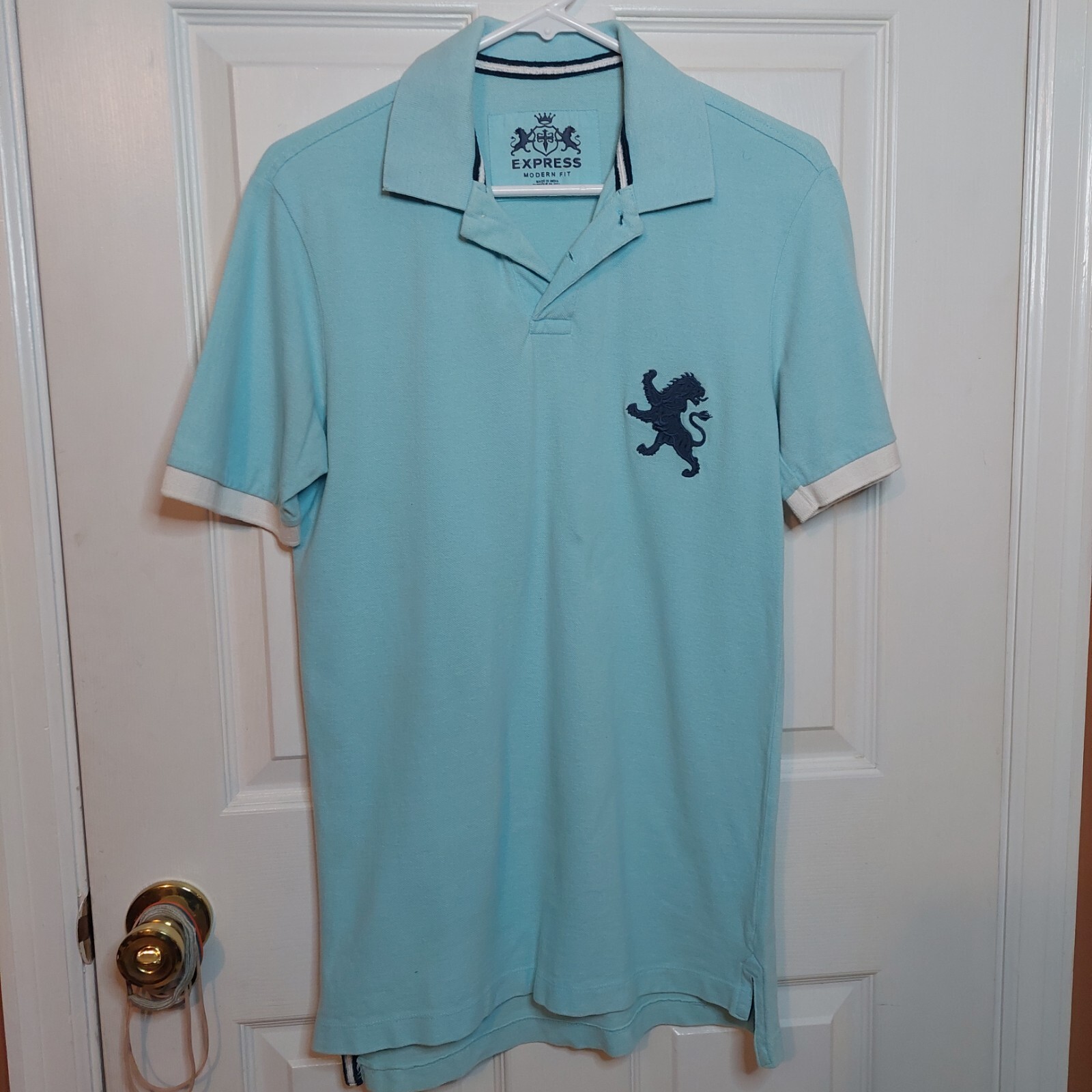 Express Modern Fit Light Blue Lion Logo Polo Short Sleeve Collared