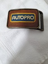 Vintage Autopro Logo Embroidered Patch Leather Inlay Metal Belt Buckle