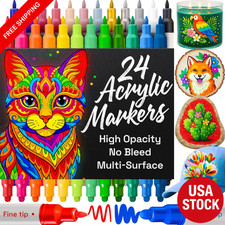 24 Acrylic Paint Markers Dual Tip Pens for Rock Fabric Wood Glass Art Crafts USA