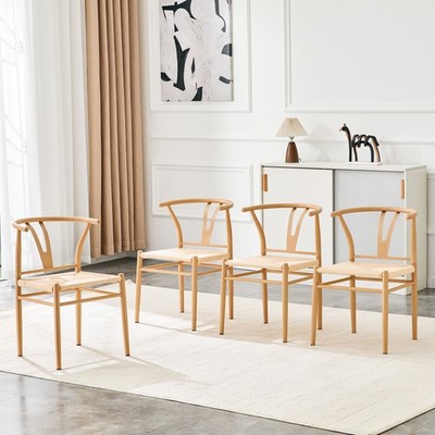Wishbone Dining Chair Set of 4, Iron Frame Woven Seat, Natural Wood
