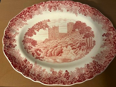Meakin Romantic England Durham Cathedral Red Transferware Oval Platter 13.25''