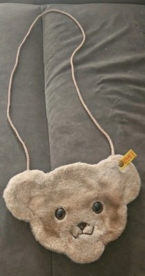 Vintage Steiff Teddy Bear Face Purse Plush Bear Head Bag w Ear Button Tag...