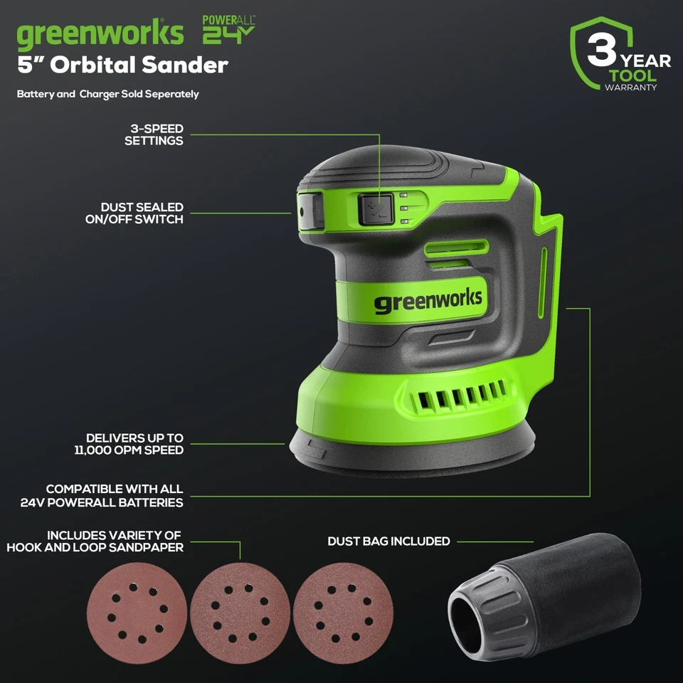 Greenworks 24V 5-inch Cordless Orbital Sander (max 11000 OPM) - Tool Only - Image 2 of 4