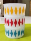 3 Vintage Fire King Diamond Pattern Milk Glass Cereal Bowls Red Turquoise Yellow
