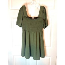 Nine West Olive Green Smocked Mini Dress Short Puff Sleeve Square Neck Large