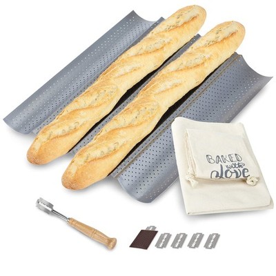 FRENCH BREAD BAKING KIT - NONSTICK PERFORATED BAGUETTE PAN 15''X13'', SOURDOUGH...