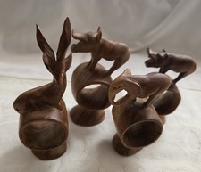 Vintage Set of 4 Hand Carved Wooden African Safari Animal Napkin Ring Holders