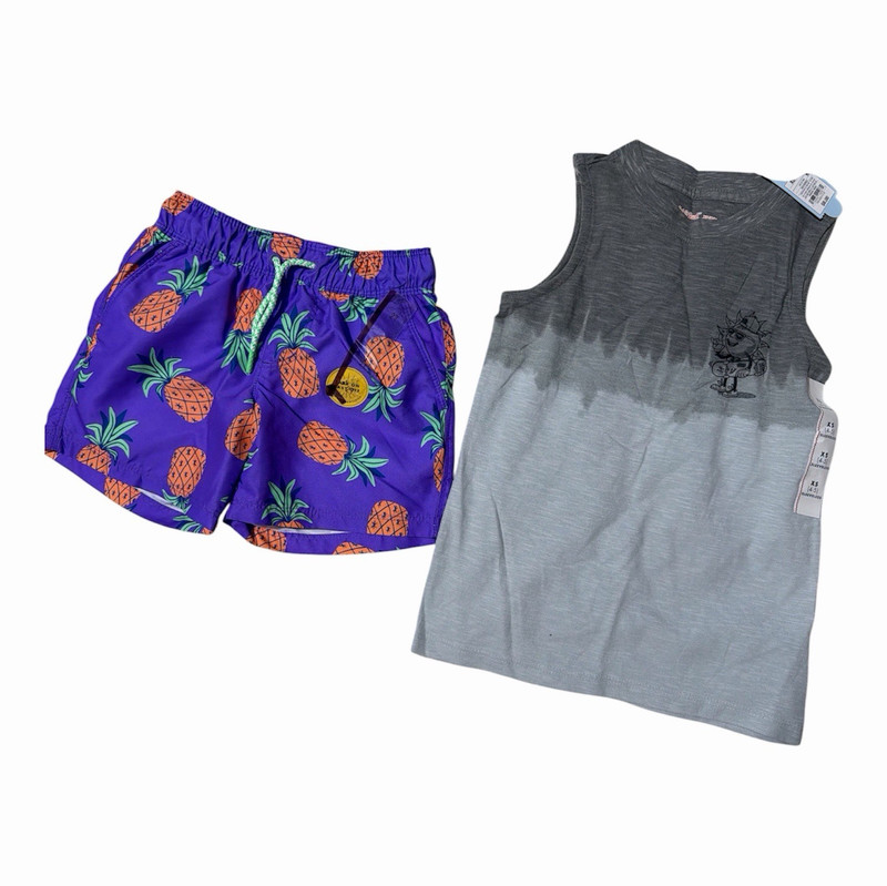 Cat & Jack Girls XS 2pc Pineapple Tank & Shorts Set Gray/Purple Elastic Waist