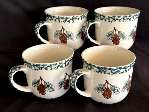 Set Of 4 ~ Folkcraft PINE CONE By Tienshan ~ LARGE MUGS ~ Green Spongeware NEW