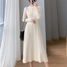 French Ruffle Collar Knee Length Dress Slim Womens Fashion Knitted Sweater Dress