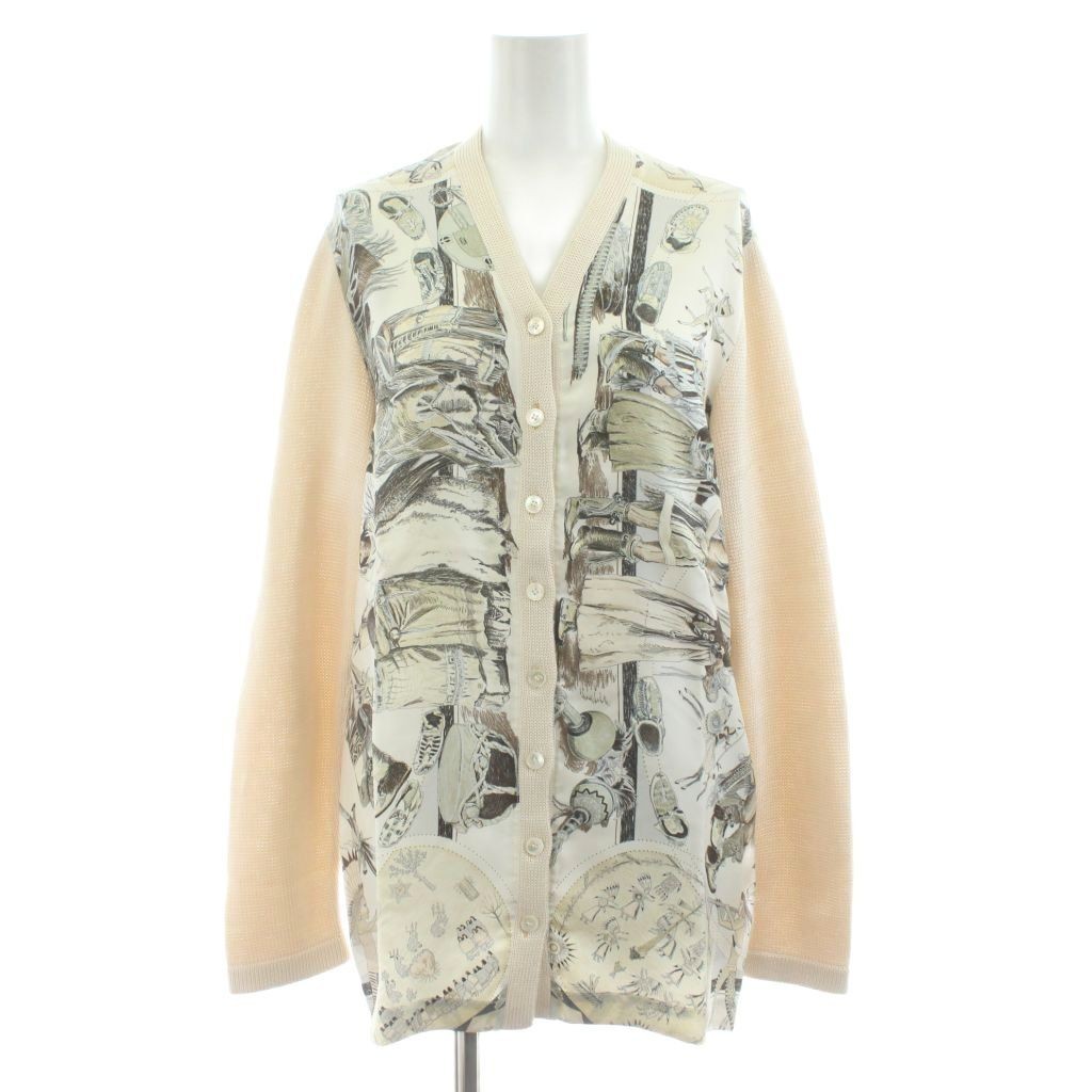 HERMES Luxury Brand Margiela Cardigan Knit Print 28.0in Silk Ivory Pre-owned