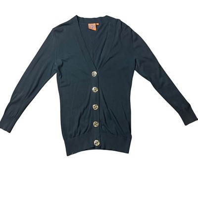 Tory Burch Simone Black V-Neck Cardigan Gold Logo Buttons Size S