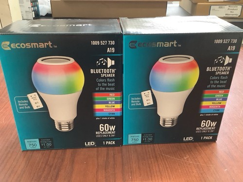 2PK Ecosmart LED Bulb Bluetooth Speaker w/Remote Control&7-Selectable Colors A19
