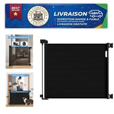 Retractable Baby Pet Gate 55" Wide 33.6" Tall Black One-Hand Opening