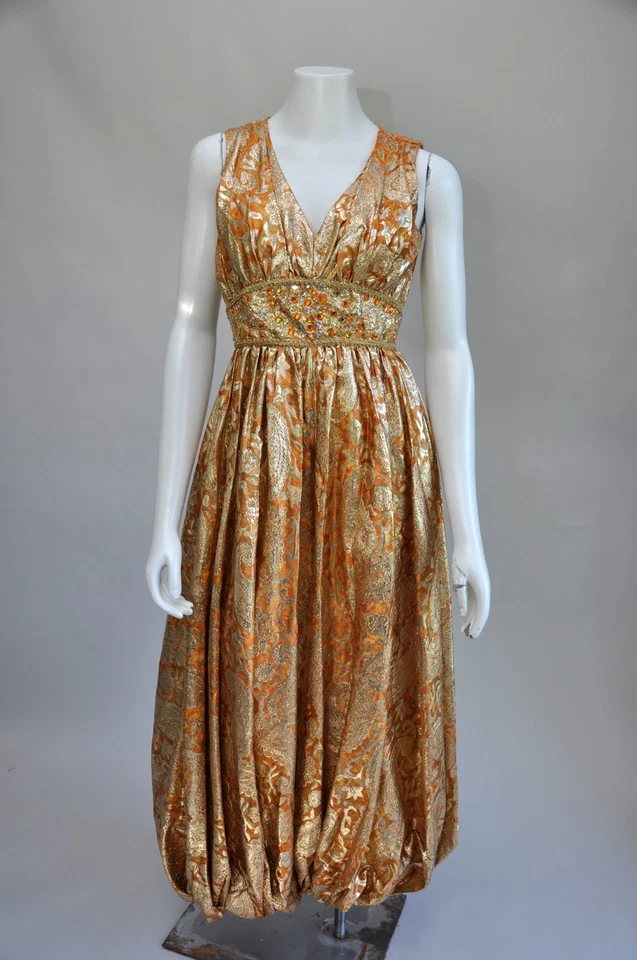 Mono Vintage Años 60 Metálico Floral Cojo Brocado Harén Genio Otoño Fiesta XS Foto 3 de 4