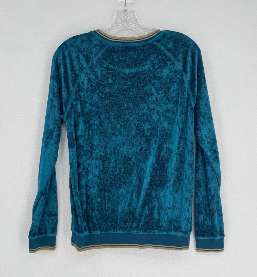 Top Roberto Cavalli Gimnasio Mujer Azul Teal Terciopelo Borde Dorado Crew Manga Larga Talla 42 Foto 2 de 4
