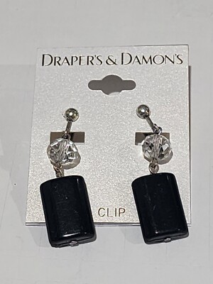 NEW Drapers & Damons Black Acrylic and Crystal Clip on Dangle Earrings
