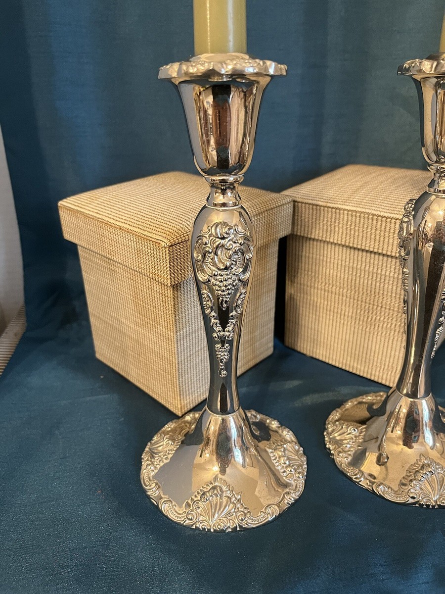 Vintage Pair of Godinger Silver Baroque Pattern Candle Sticks For