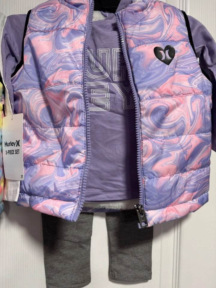 Chaleco acolchado Hurley multicolor rosa/púrpura para niñas pequeñas 3 piezas Juego ~ 2T o 3T Foto 3 de 3