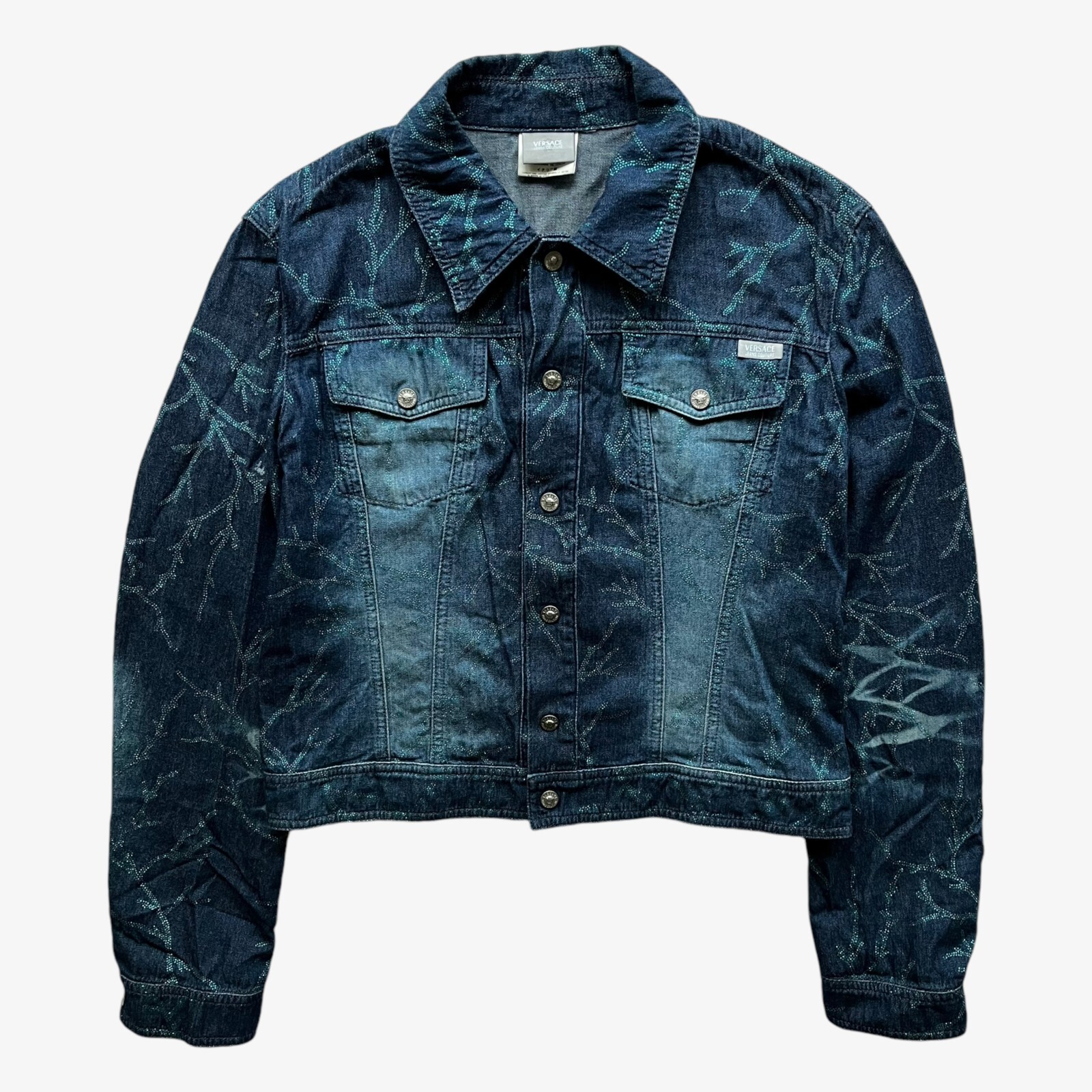 90s Vintage Versace Jeans Couture Blue Sequin Denim Jacket with Tree Branch Design