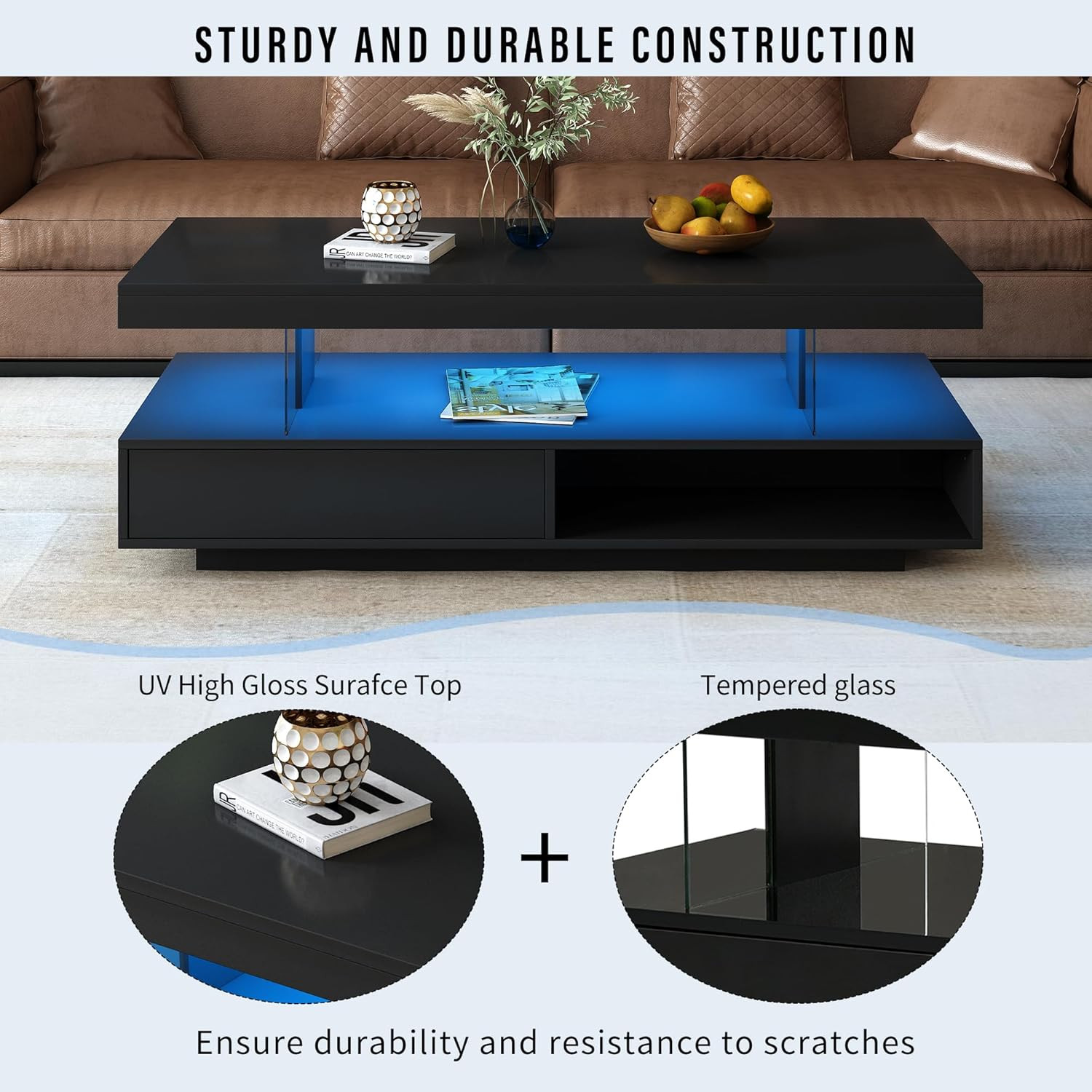 High Gloss Coffee Table with Storage, UV Cocktail Table with 16 Colors LED Light