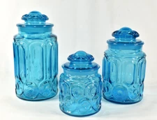 Vintage L E Smith Aqua Teal Blue Set of 3 Moon & Stars Glass Canisters with Lids