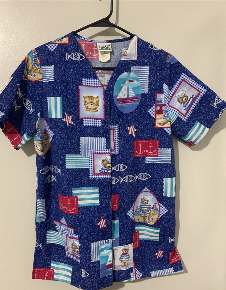 SCRUB UNIFORM TOP SMALL Cat Nautical Pattern SIMPLY BASIC Brand Snap Front - Image 3 of 4