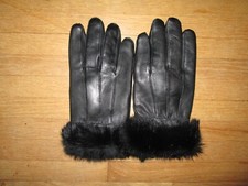 New Women's Black Leather Gloves w/ Fur Trim Size XL