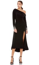 New MAC DUGGAL FOLDOVER LONG SLEEVE JEWELED CUFF MIDI DRESS In Black Sz 14 $358