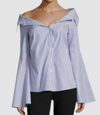 $395 Caroline Constas Womens Blue Persephone Off-the-Shoulder Poplin Top Size XS