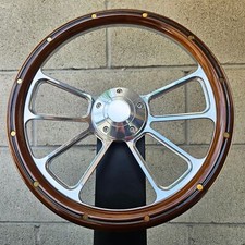 14 Billet 4 Spoke Steering Wheel Mahogany Wood With Brass Rivets W Plain Horn