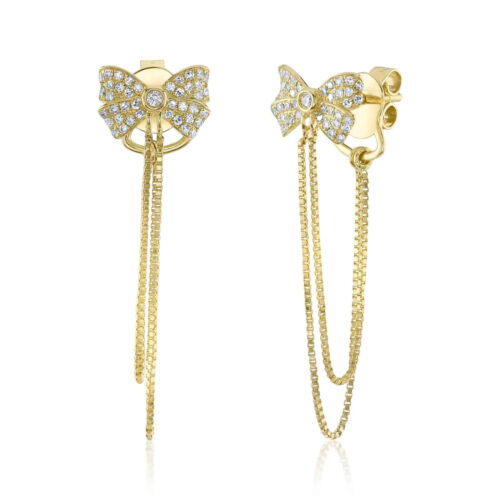 14K Yellow Gold Diamond Bow Chain Stud Earrings Drop Dangle Natural 0.23CT Round - Picture 1 of 3