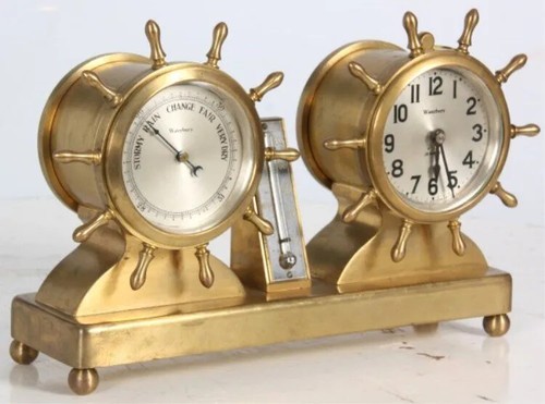 Waterbury “Commodore” 8 Day Jeweled Ship Wheel Desk Clock Barometer Thermometer  - Picture 6 of 10