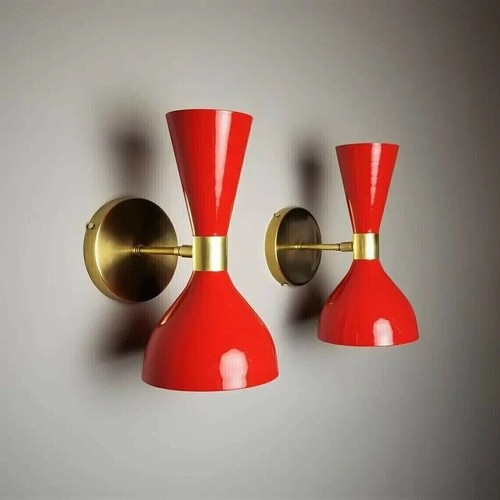 Stylish Red Wall Sconce Pair of Mid Century Italian Diablo Light Fixture Lamps - Picture 1 of 8