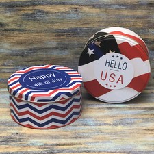 2x Patriotic Round Tin Containers Mementos Keepsake 4Th July Decor Cookies Gift