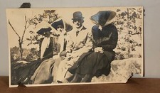 Antique Sepia Photo 1910s 1920s - Group Portrait Man in Bowler Hat & Women