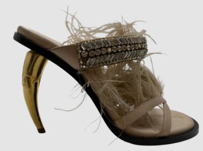 Roberto Cavalli Women's Pink Feather-Trimmed Tiger Tooth Mules Shoes Size 37