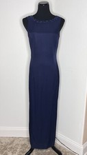 Scott McClintock Blue Beaded Maxi Slit Slip Evening Gown Size 8 Open Back