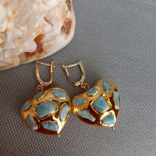 Natural Blue Larimar Heart Shaped Yellow Gold Plated Dangle Lever Back Earrings - Picture 3 of 5