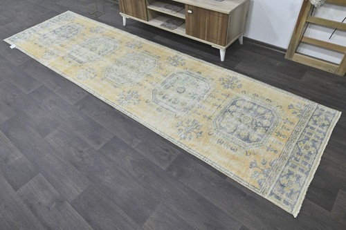 Vintage Turkish Runner Rug 3x11ft BEIGE Handmade Anatolian Oushak Hallway Wool