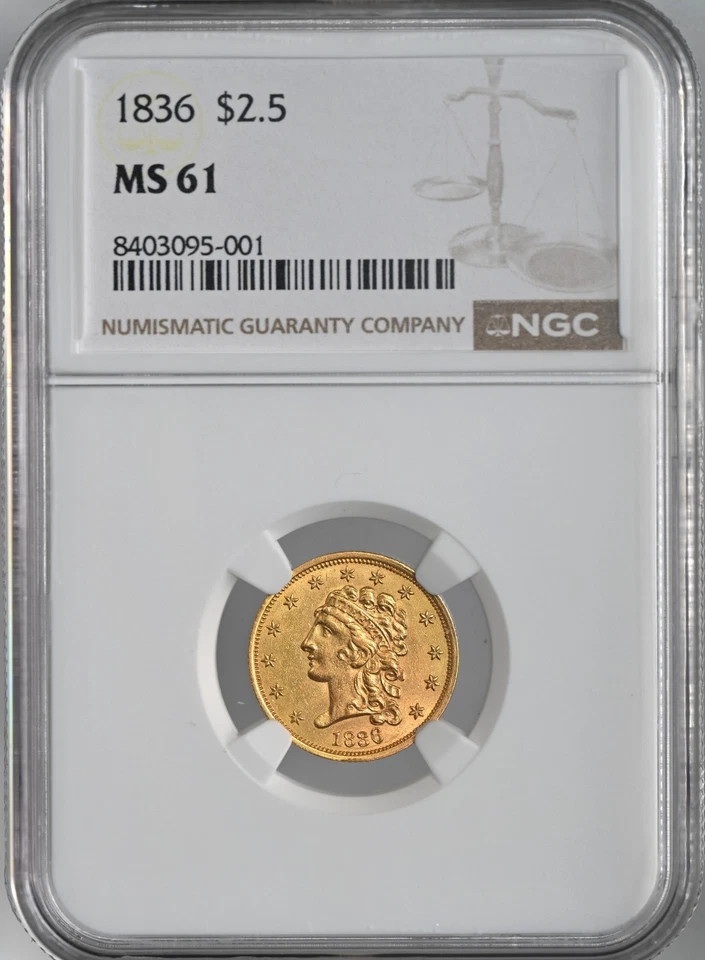 1836  $2.50 GOLD QUARTER EAGLE CLASSIC HEAD  MINT STATE NGC MS61 #8403095-001 - Image 2 of 4