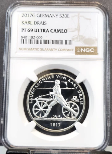 2017 GERMANY SILVER 20 EURO INVENTOR KARL DRAIS NGC PF 69 ULTRA CAMEO TOP POP