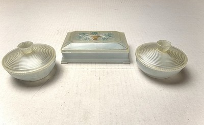 Vintage Fosta Dresser Powder Trinket Boxes Plastic Blue Lidded Floral Lucite