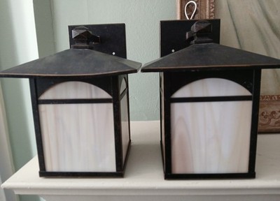 Pair 10'' Nuvo outdoor patio porch wall lights, 60-5651 bronze stain glass