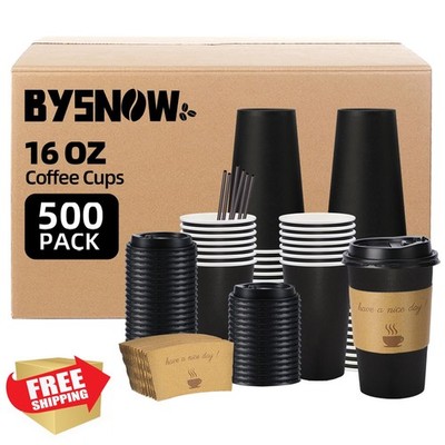 BYSNOW Black Disposable Coffee Cups 16oz 500pk