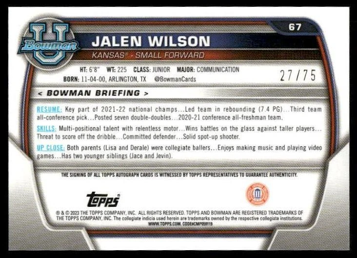 Topps 2023 Bowman U Chrome #67 Jalen Wilson Yellow Refractor #/75 - Image 2 of 2