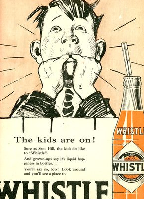 c 1924 Original Whistle Orange Soda Pop Color Ad. It's Cloudy In The Bottle.