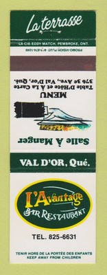 Matchbook Cover - L'Advantage Restaurant Val D'Or QC