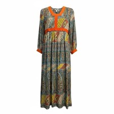 Vintage 1960s/ 1970s long-sleeve paisley maxi dress orange trim Empire Waist