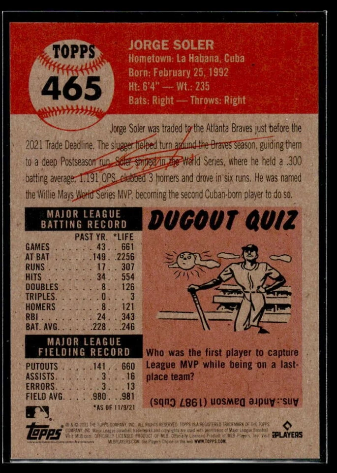 Jorge Soler 2021 Topps Living Set #465 Braves - Image 2 of 2